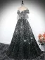 Scintillantes Noire Paillettes Robe De Bal 2024 Robe Boule De l'épaule Manches Courtes Dos Nu Longue Promo Robe De Ceremonie
