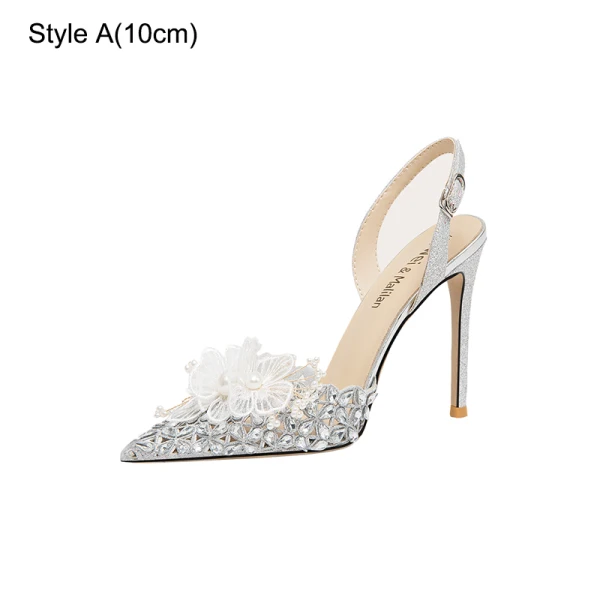 Sexy Silver Leather Rhinestone Pearl Lace Flower Wedding Shoes 2023 10 cm Stiletto Heels Pointed Toe Wedding High Heels