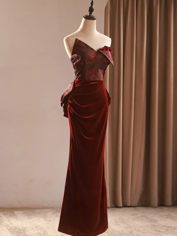 Sexy Burgundy Printing Evening Dresses 2026 Trumpet / Mermaid Strapless Sleeveless Backless Bow Floor-Length / Long Formal Dresses