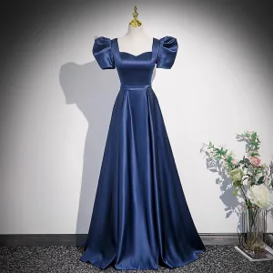 Vintage Hav Blå Satin Ballkjoler 2023 Prinsesse Firkantet Hals Puffy Korte Ermer Ryggløse Lange Ball Formelle Kjoler