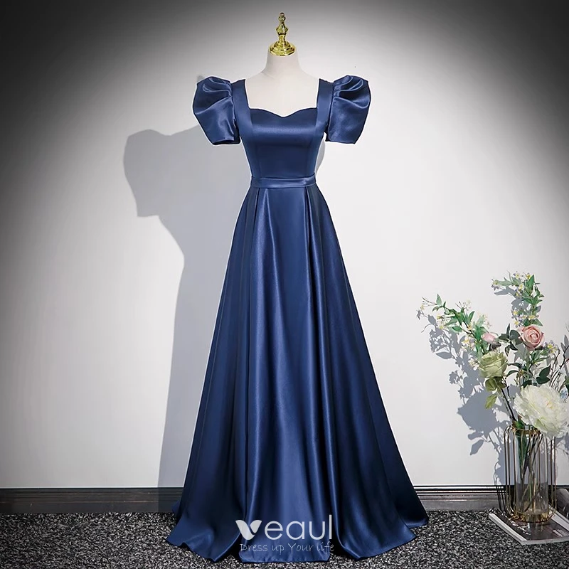Vintage / Retro Ocean Blue Satin Prom Dresses 2023 A-Line / Princess Square Neckline Puffy Short Sleeve Backless Floor-Length / Long Prom Formal Dresses Vintage / Retro Ocean Blue Satin Prom Dresses 2023 A-Line / Princess Square Neckline Puffy Short Sleeve Backless Floor-Length / Long Prom Formal Dresses