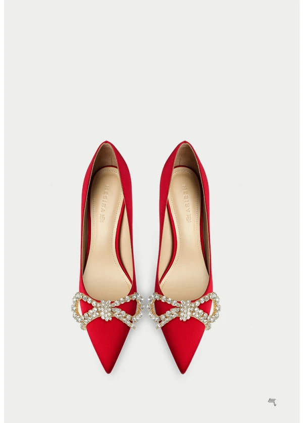Schöne Rot Strass Schleife Abend Pumps 2024 Leder 8 cm Stilettos Spitzschuh Pumps Hochhackige
