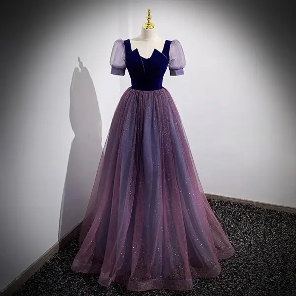 Elegant Purple Sequins Prom Dresses 2022 A-Line / Princess Square Neckline Short Sleeve Backless Floor-Length / Long Prom Formal Dresses