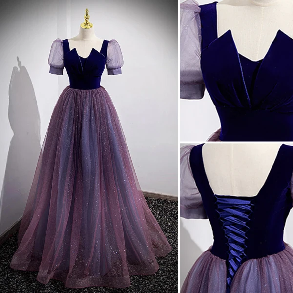 Elegant Purple Sequins Prom Dresses 2022 A-Line / Princess Square Neckline Short Sleeve Backless Floor-Length / Long Prom Formal Dresses