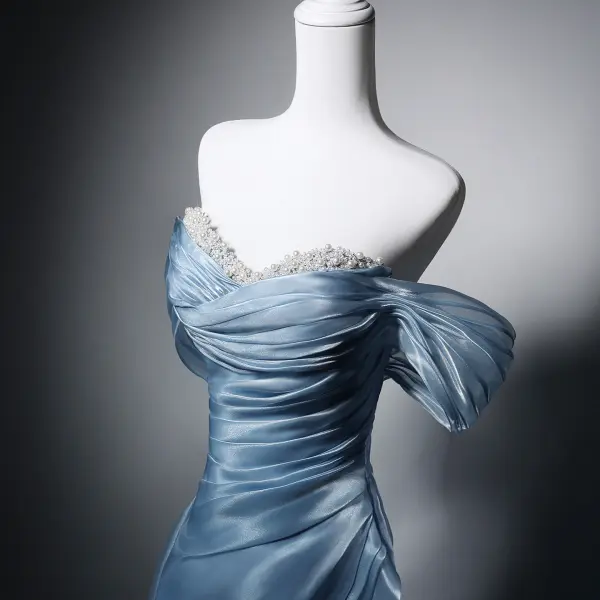 Chic / Beautiful Sky Blue Handmade  Pearl Prom Dresses 2026 A-Line / Princess Off-The-Shoulder Short Sleeve Backless Floor-Length / Long Formal Dresses