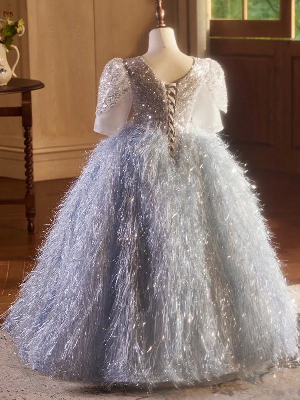 Charming Sky Blue Beading Sequins Tassel Birthday Flower Girl Dresses 2024 Ball Gown Scoop Neck Short Sleeve Backless Floor-Length / Long