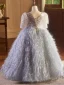 Charming Sky Blue Beading Sequins Tassel Birthday Flower Girl Dresses 2024 Ball Gown Scoop Neck Short Sleeve Backless Floor-Length / Long