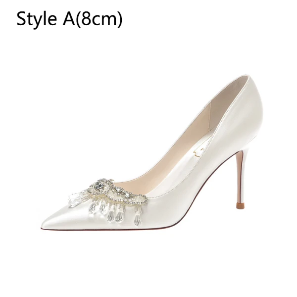 Classy White Satin Rhinestone Wedding Shoes 2024 8 cm Stiletto Heels Pointed Toe Wedding Pumps High Heels