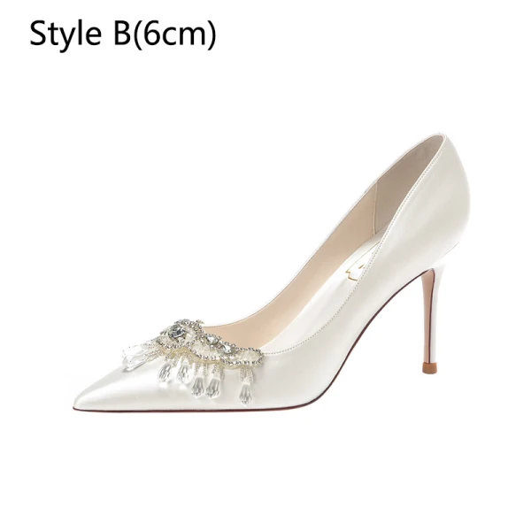 Classy White Satin Rhinestone Wedding Shoes 2024 8 cm Stiletto Heels Pointed Toe Wedding Pumps High Heels