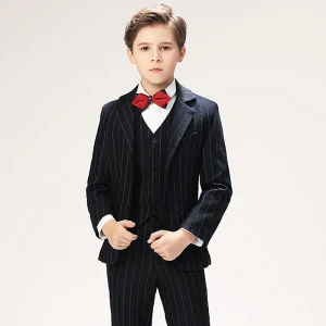 Classic 5 Piece Stripe Black Long Sleeve Boys Wedding Suits 2022 Coat Pants Shirt Tie Vest Wedding