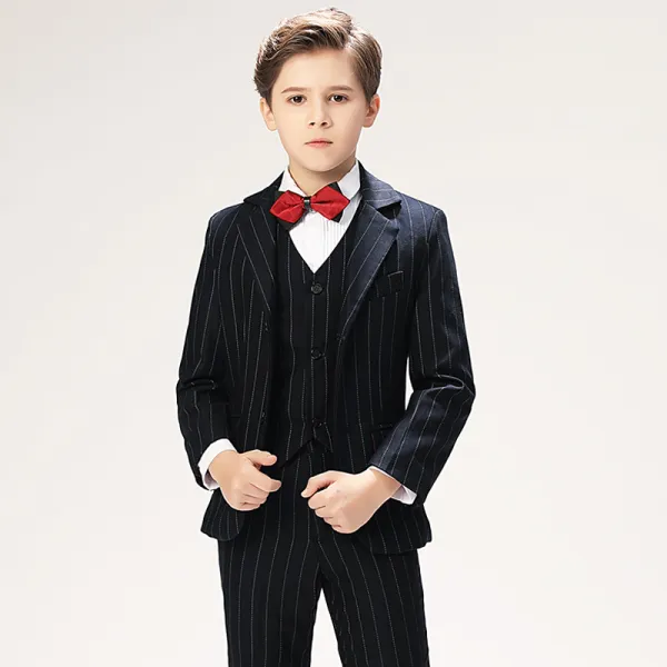 Classic 5-piece Stripe Black Long Sleeve Boys Wedding Suits 2022 Coat Pants Shirt Tie Vest Wedding