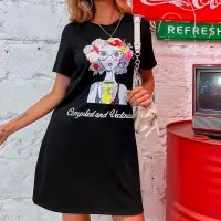 Schön Damen Schwarz Freizeit Kurze Kleider 2021 Drucken Baumwolle Lose Rundhalsausschnitt Sommer Kurze Ärmel T-shirt