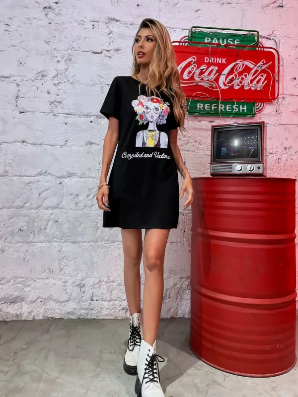 Lovely Women Black Casual Short Dresses 2021 Printing Cotton Loose Scoop Neck Summer Short Sleeve T-shirt