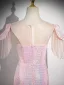 Sparkly Blushing Pink Sequins Beading Tassel Evening Dresses 2024 Trumpet / Mermaid Scoop Neck Short Sleeve Floor-Length / Long Evening Party Formal Dresses