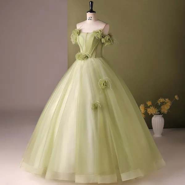 Elegant Sage Green Appliques Prom Dresses 2024 Ball Gown Strapless Sleeveless Backless Floor-Length / Long Prom Formal Dresses