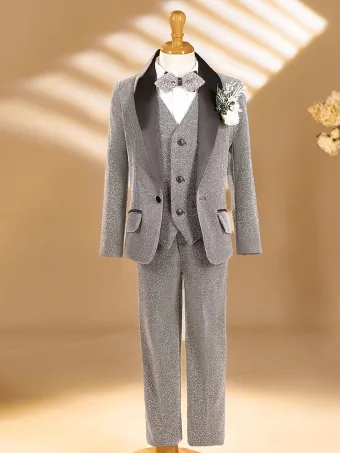 Fall Winter Grey Glitter 6 Piece Long Sleeve Boys Wedding Suits 2025 Body Jewellery Coat Necklace Pants Shirt Tie Vest