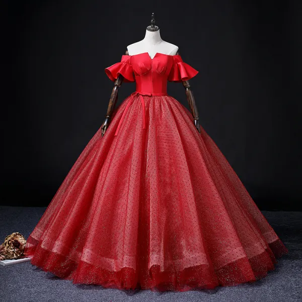 Elegant Red Spotted Prom Dresses 2022 Ball Gown Off-The-Shoulder Bell sleeves Backless Bow Sash Floor-Length / Long Formal Dresses