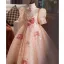 Chic / Beautiful Blushing Pink Beading Sequins Lace Flower Birthday Flower Girl Dresses 2025 Ball Gown High Neck Short Sleeve Backless Floor-Length / Long Tulle