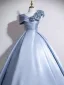 Elegant Sky Blue Appliques Satin Prom Dresses 2026 Ball Gown Scoop Neck Short Sleeve Backless Floor-Length / Long Formal Dresses