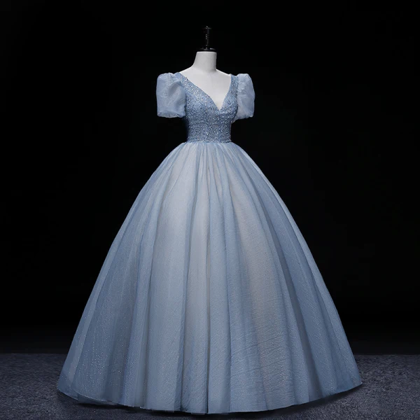 Chic / Beautiful Sky Blue Prom Dresses 2022 Ball Gown V-Neck Puffy Short Sleeve Backless Beading Rhinestone Sequins Floor-Length / Long Prom Formal Dresses