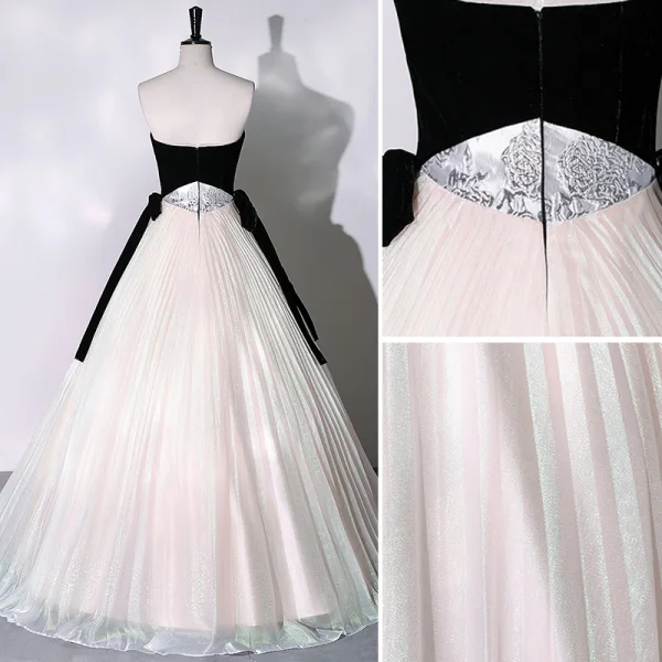 Elegant Black Prom Dresses 2023 A-Line / Princess Strapless Sleeveless Backless Bow Sash Floor-Length / Long Prom Formal Dresses