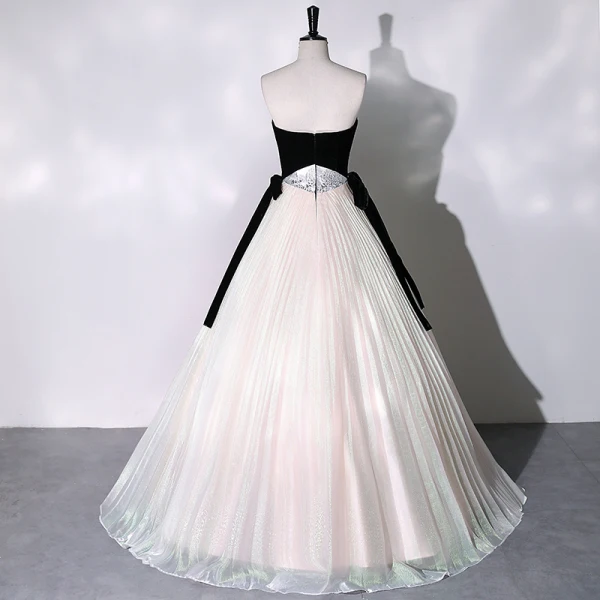 Elegant Black Prom Dresses 2023 A-Line / Princess Strapless Sleeveless Backless Bow Sash Floor-Length / Long Prom Formal Dresses