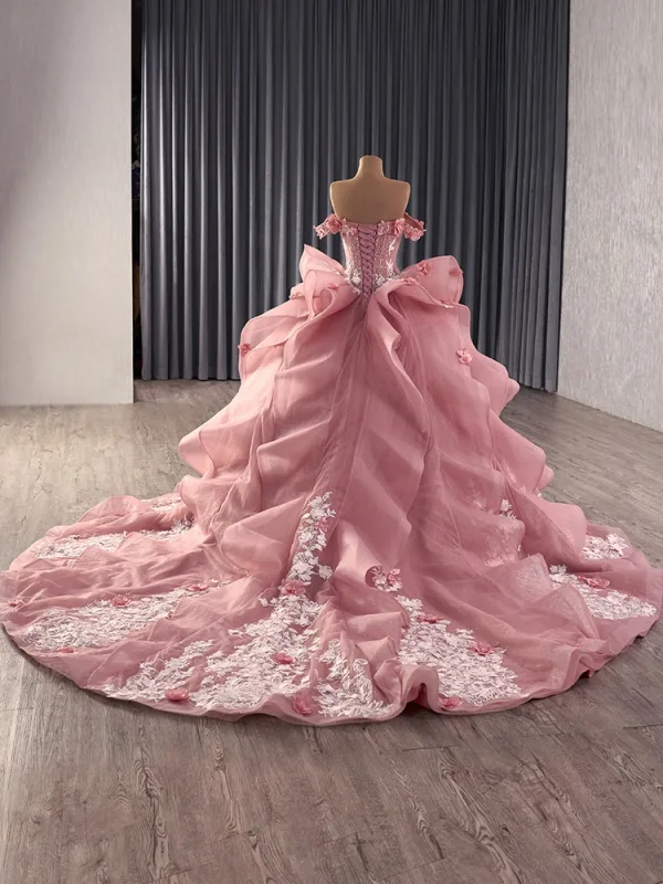 High-end Blushing Pink Handmade  Beading Pearl Rhinestone Lace Flower Appliques Prom Dresses 2025 Ball Gown Off-The-Shoulder Short Sleeve Backless