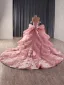 High-end Blushing Pink Handmade  Beading Pearl Rhinestone Lace Flower Appliques Prom Dresses 2025 Ball Gown Off-The-Shoulder Short Sleeve Backless