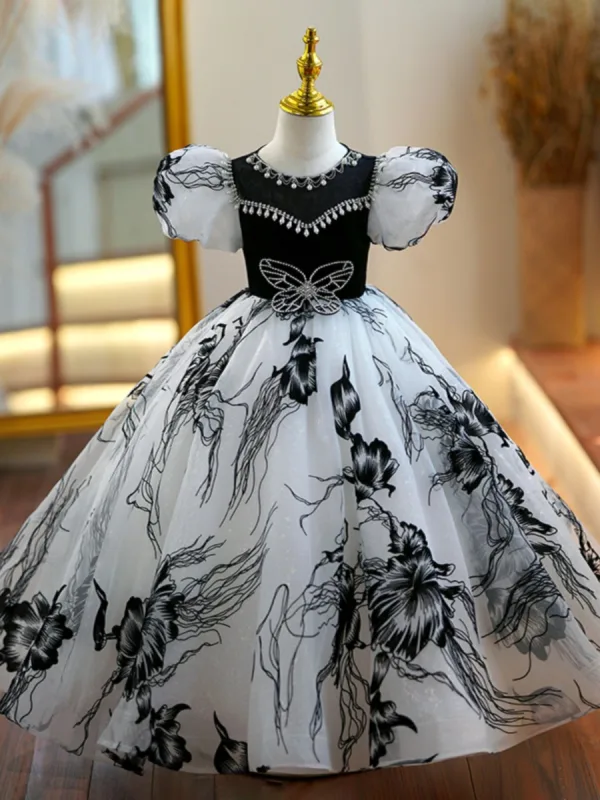 Chic / Beautiful Black Pearl Rhinestone Birthday Flower Girl Dresses 2023 Ball Gown Scoop Neck Puffy Short Sleeve Floor-Length / Long
