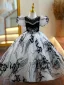 Chic / Beautiful Black Pearl Rhinestone Birthday Flower Girl Dresses 2023 Ball Gown Scoop Neck Puffy Short Sleeve Floor-Length / Long