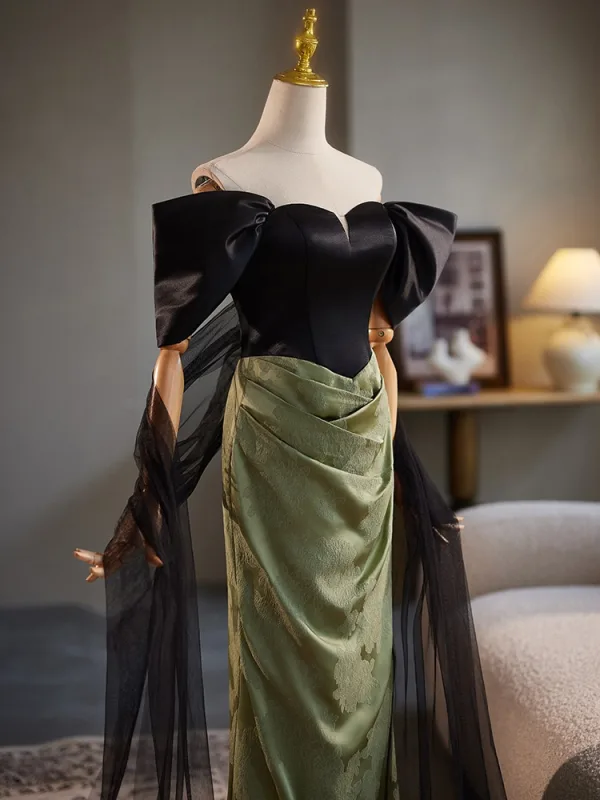 Fashion Army Green Prom Dresses 2024 Ball Gown Off-The-Shoulder Short Sleeve Backless Floor-Length / Long Prom Formal Dresses