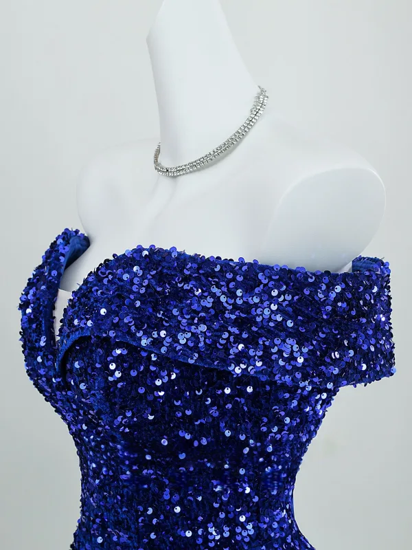 Vintage Glitzernden Marineblau Pailletten Abendkleider 2026 A Linie Off Shoulder Kurze Ärmel Rückenfreies Sweep / Pinsel Zug Festliche Kleider