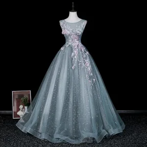 Vintage Retro Dusty Blue Lace Flower Appliques Sequins Prom Dresses 2026 Ball Gown Scoop Neck Sleeveless Backless