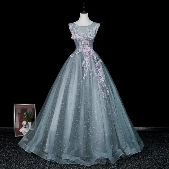 Vintage Originale Bleu Poudré En Dentelle Fleur Appliques Paillettes Robe De Bal 2026 Robe Boule Encolure Dégagée Sans Manches Dos Nu