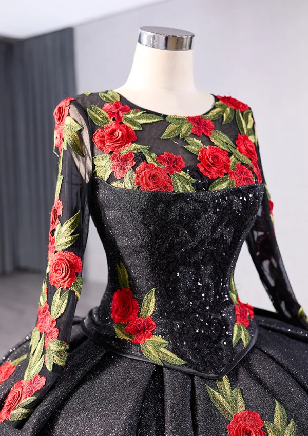 Elegant Black 3D Lace Flower Glitter Sequins Prom Dresses 2024 Ball Gown Scoop Neck Long Sleeve Royal Train Prom Formal Dresses