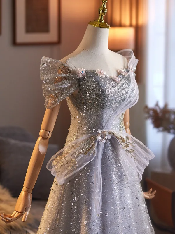 Sparkly Silver Pearl Sequins Prom Dresses 2026 A-Line / Princess Off-The-Shoulder Short Sleeve Backless Floor-Length / Long Prom Formal Dresses