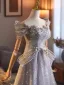 Sparkly Silver Pearl Sequins Prom Dresses 2026 A-Line / Princess Off-The-Shoulder Short Sleeve Backless Floor-Length / Long Prom Formal Dresses