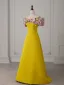 Vintage Gelb Applikationen Ballkleider 2025 A Linie Off Shoulder Kurze Ärmel Rückenfreies Sweep / Pinsel Zug Ball Festliche Kleider