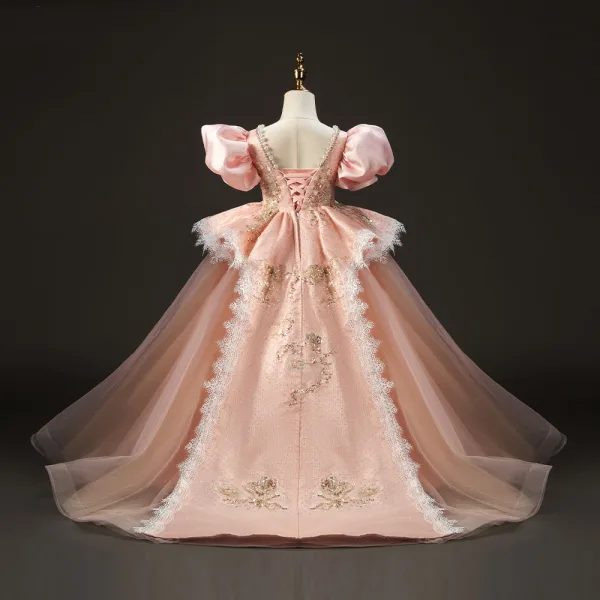 Charmant Haut de Gamme Rougissant Rose Anniversaire Robe Ceremonie Fille 2022 Robe Boule Encolure Dégagée Gonflée Dos Nu Manches Courtes Perlage Perle Faux Diamant Paillettes Longue Robe Ceremonie Fille