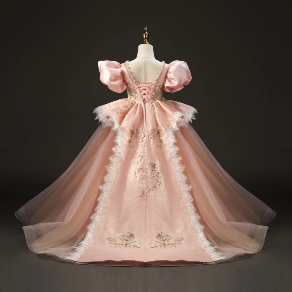 Luxury / Gorgeous Candy Pink Beading Pearl Star Sequins Birthday Flower Girl Dresses 2022 Ball Gown Scoop Neck Puffy Short Sleeve Backless Sweep Train Flower Girl Dresses