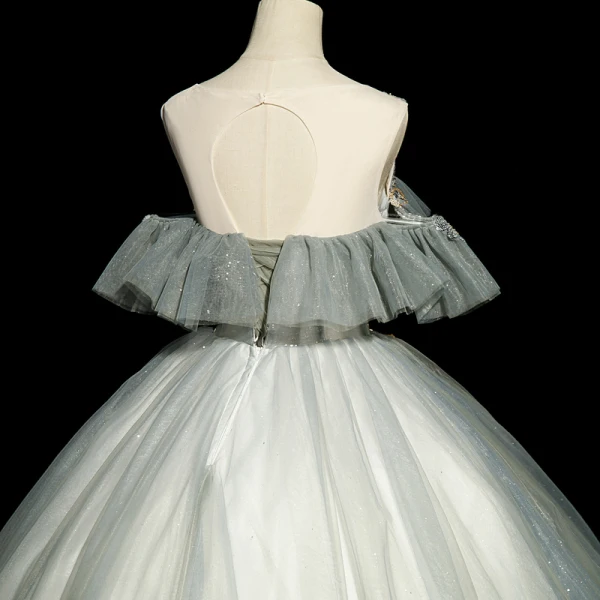Elegant Grey Beading Sequins Prom Dresses 2022 Ball Gown Scoop Neck Short Sleeve Backless Floor-Length / Long Prom Formal Dresses