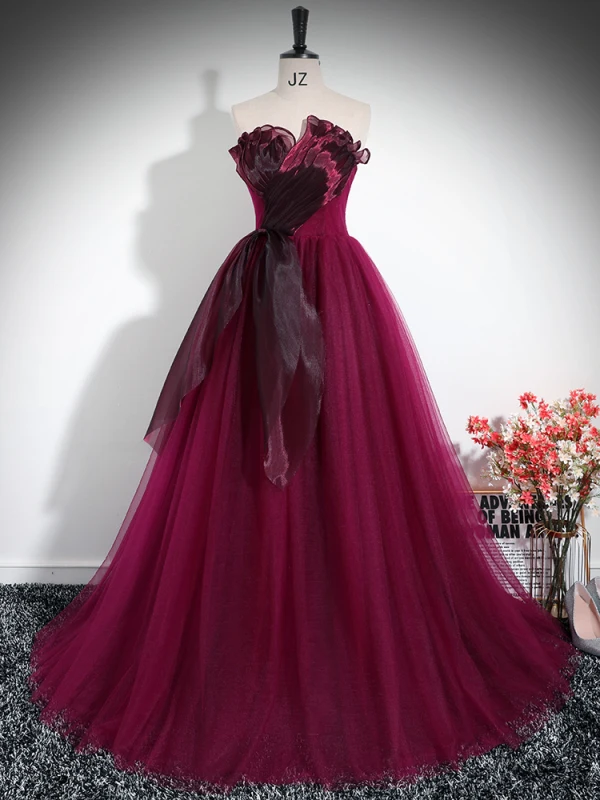 Elegant Burgundy Prom Dresses 2024 Ball Gown Strapless Sleeveless Backless Tulle Prom Floor-Length / Long Formal Dresses