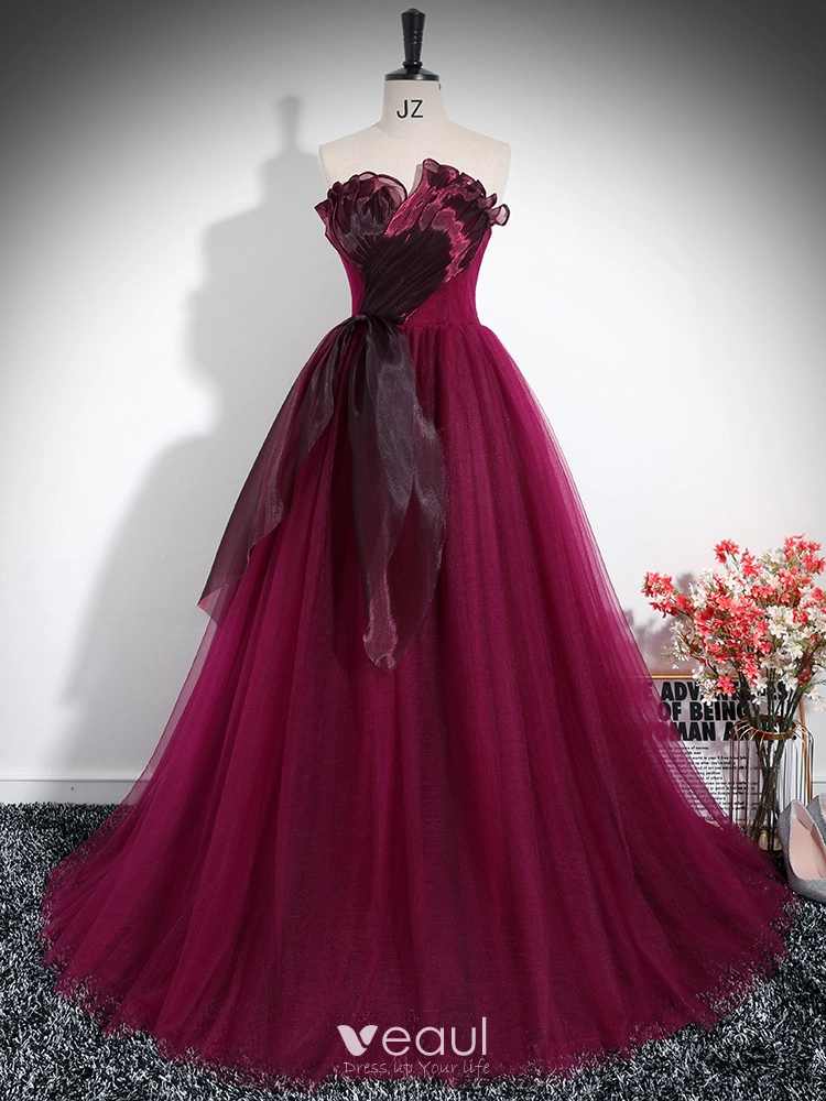 Elegant Burgundy Prom Dresses 2024 Ball Gown Strapless Sleeveless Backless Tulle Prom