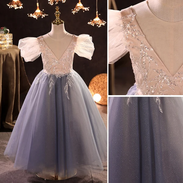 Chic / Beautiful Sky Blue Sequins Flower Girl Dresses 2022 A-Line / Princess Scoop Neck Puffy Short Sleeve Floor-Length / Long Prom Flower Girl Dresses