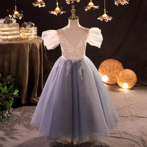 Chic Beautiful Sky Blue Sequins Flower Girl Dresses 2022 A Line Princess Scoop Neck Puffy Short Sleeve Floor Length Long Prom Flower Girl Dresses