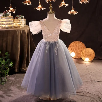 Chic Belle Bleu Ciel Paillettes Robe Ceremonie Fille 2022 Princesse Encolure Dégagée Gonflée Manches Courtes Longue Promo Robe Ceremonie Fille