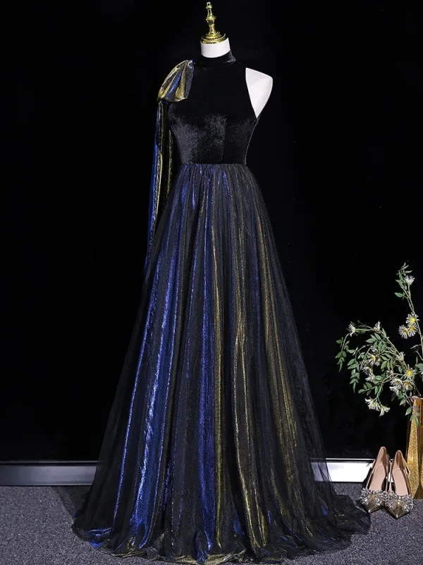 Fashion Black Bow Prom Dresses 2026 A-Line / Princess High Neck Sleeveless Sweep Train Prom Formal Dresses
