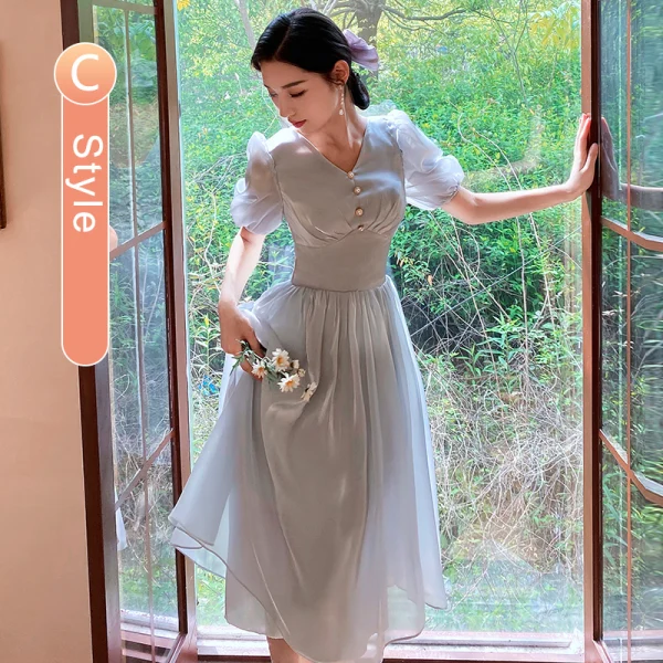 Modest / Simple Grey Bridesmaid Dresses 2022 A-Line / Princess Short Sleeve Backless Floor-Length / Long Bridesmaid Wedding Party Dresses