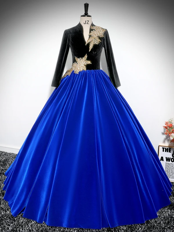 Vintage / Retro Royal Blue Beading Lace Flower Velvet Prom Dresses 2024 Ball Gown V-Neck Long Sleeve Backless Floor-Length / Long Prom Formal Dresses