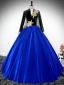 Vintage / Retro Royal Blue Beading Lace Flower Velvet Prom Dresses 2024 Ball Gown V-Neck Long Sleeve Backless Floor-Length / Long Prom Formal Dresses